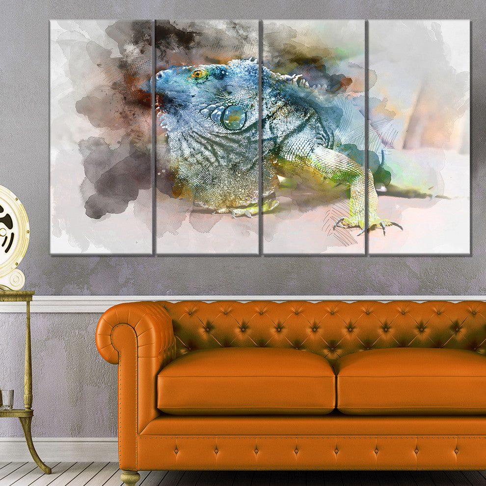 Green Iguana Close Up Painting, Large Abstract Canvas Artwork, 48"x28", 4 Panels