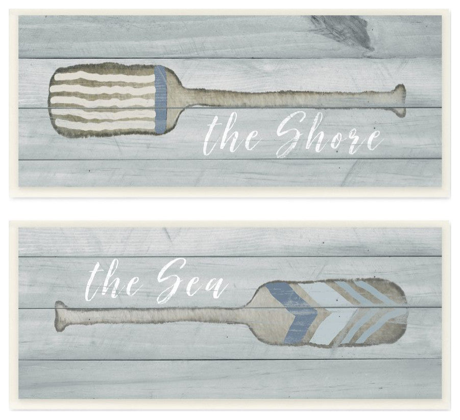 Shore And Sea Oars Beach Ocean Coast Wood Painting, 7"x17"