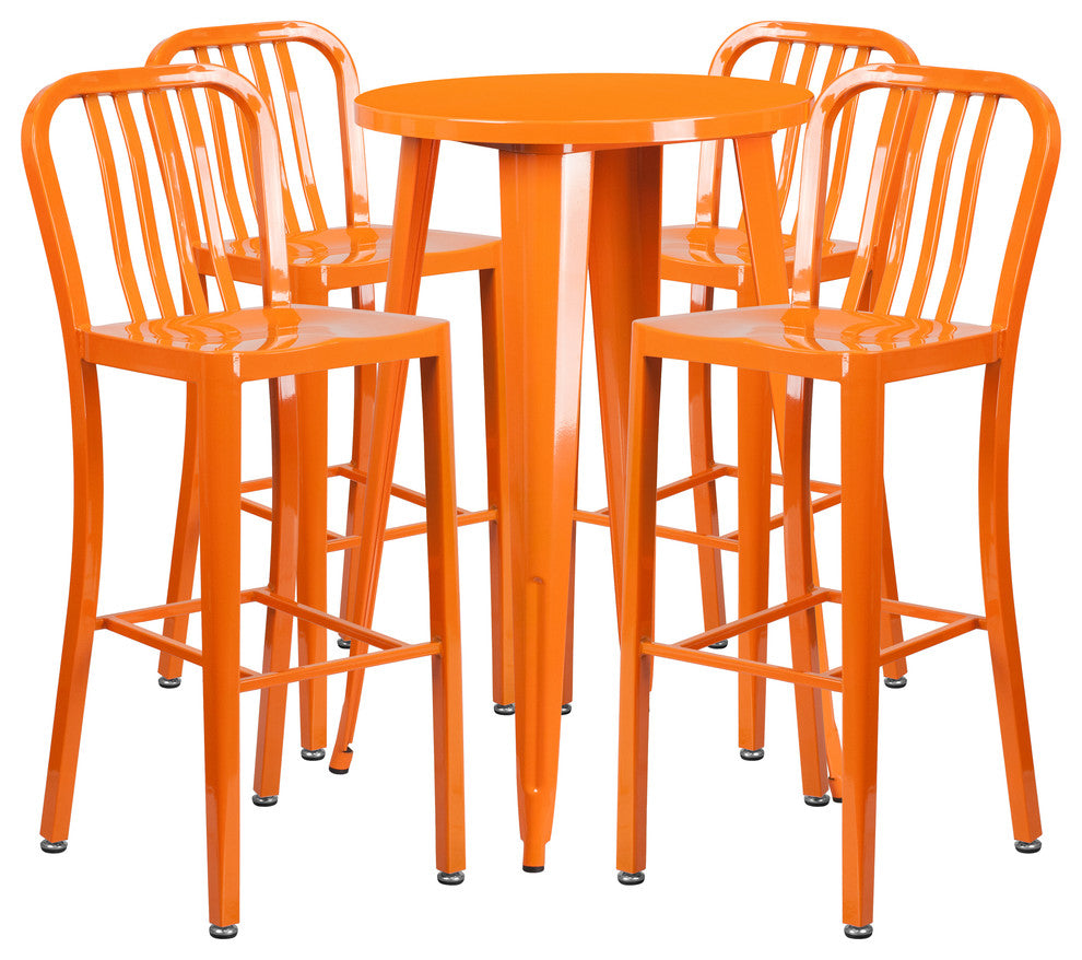 24" Round Orange Metal Bar 5-Piece Table Set With 4 Vertical Slat Back Stools