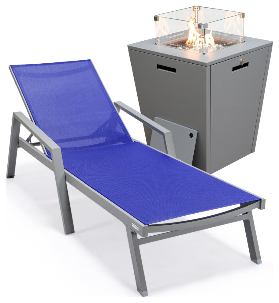 LeisureMod Marlin Chaise Lounge Chair With Arms and Fire Pit Table, Navy Blue