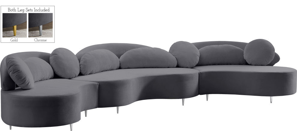 Vivacious Velvet Upholstered 3-Piece Sectional, Gray