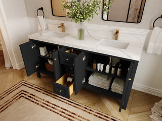 Nashville 72" Double Sink Bath Vanity, Black 2" Carrara Quartz