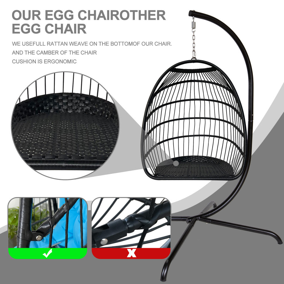 Outdoor Rattan Swing Chair Hanging Egg Chair With Cushion and Pillow, Dark Gray