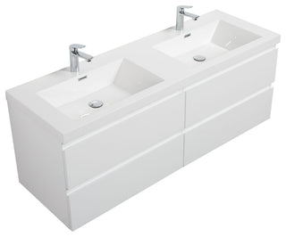 Aurora Wall Mount Vanity, White Acrylic Top, Glossy Polar White, 60" Double