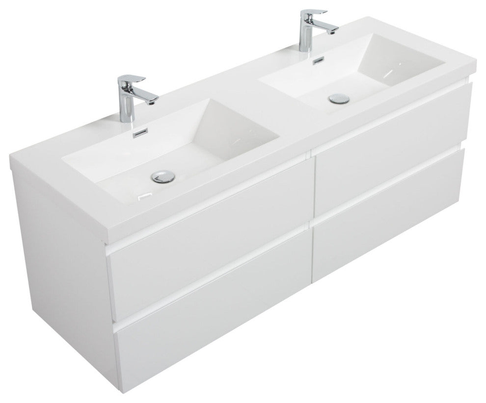 Aurora Wall Mount Vanity, White Acrylic Top, Glossy Polar White, 60" Double
