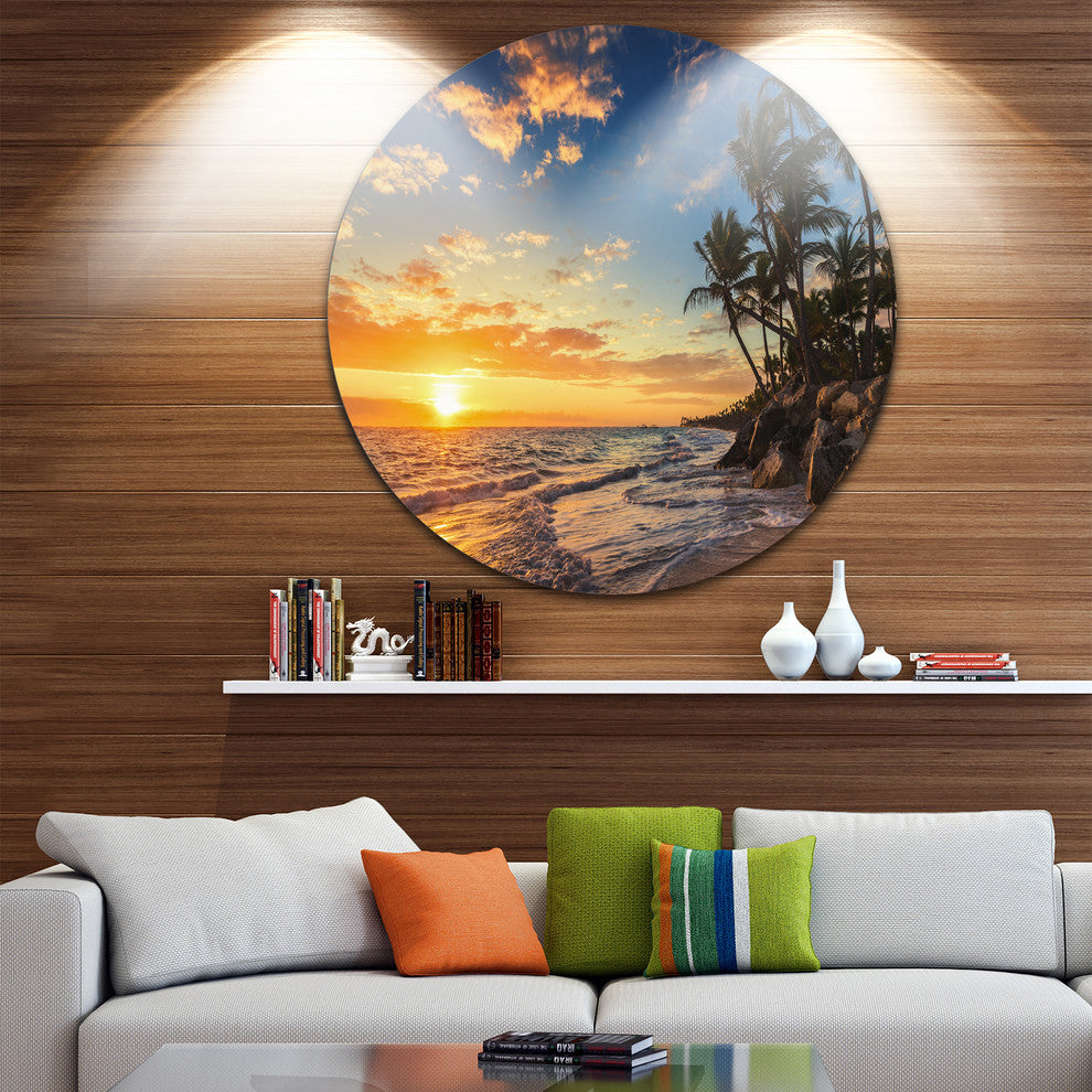 Paradise Tropical Island Beach With Palms, Circle Metal Wall Art, 11"