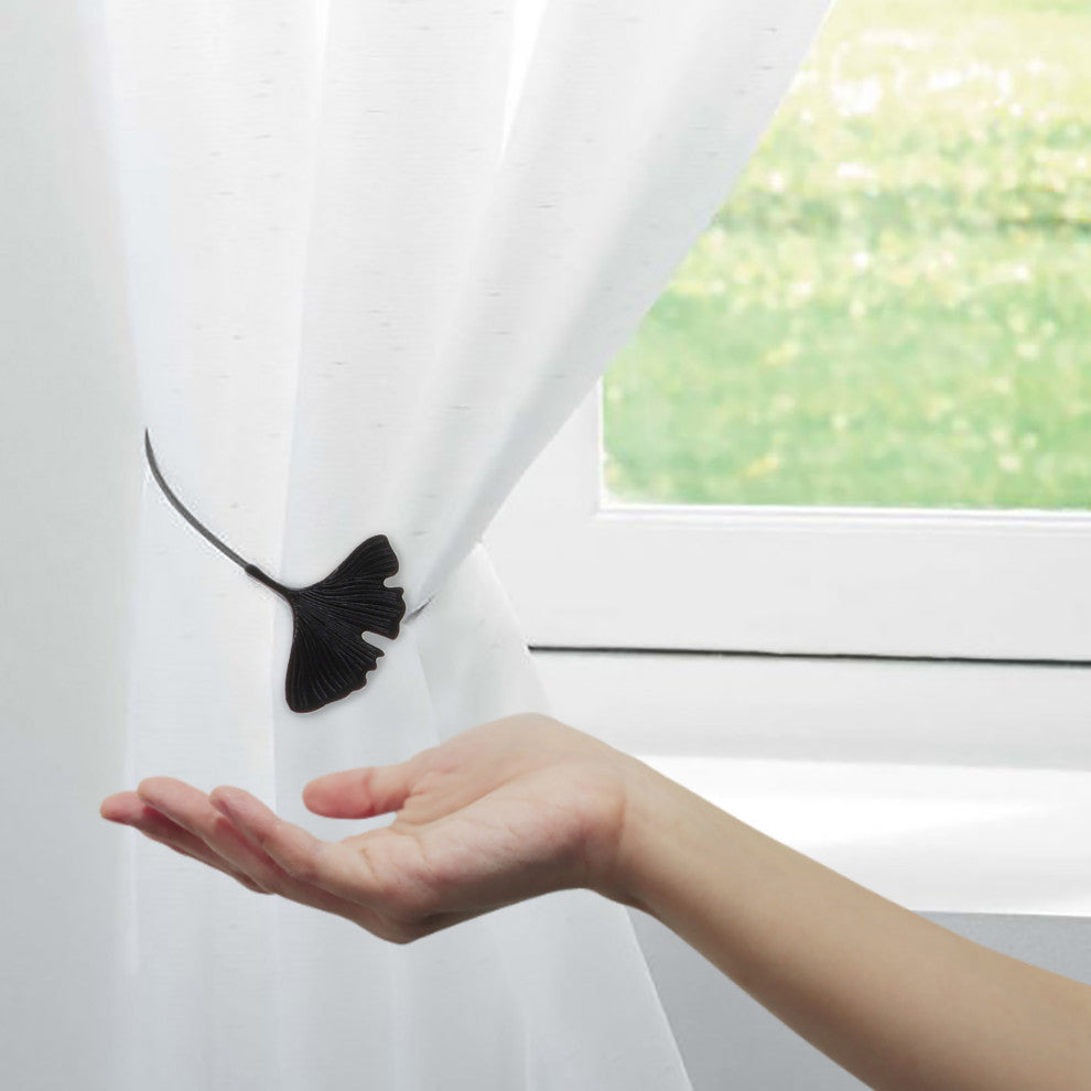 Magnetic Metal Curtain Tiebacks with Ginkgo Leaf Design "“ No Installation Needed, Black, Pack of 2