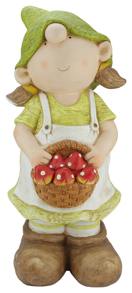14" Young Girl Gnome Holding a Basket of Mushrooms Spring Outdoor Garden Patio F