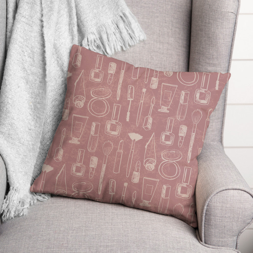 Cream Makeup Icons on Pink 18x18 Spun Poly Pillow