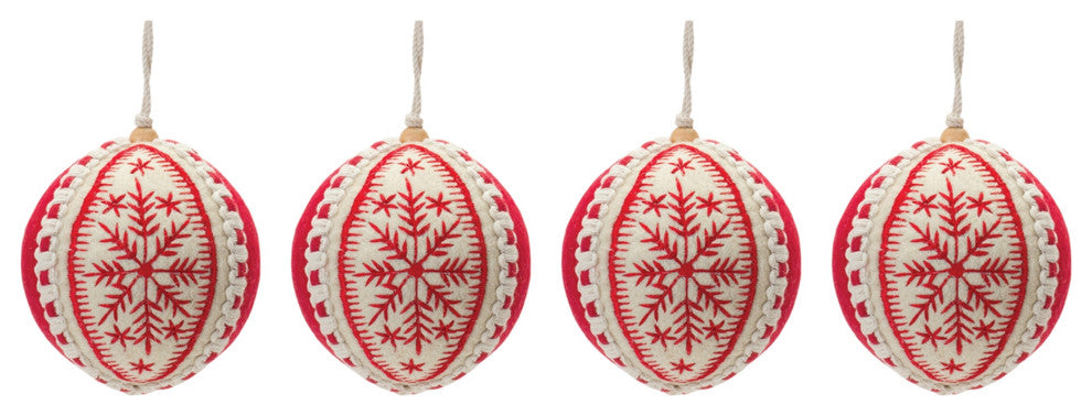 Embroidered Wool Ball Ornament, Set of 4