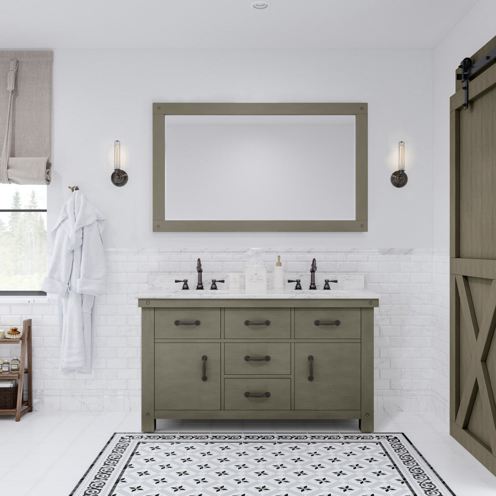 60" Grizzle Gray Double Sink Vanity With Carrara White Marble Counter Top, Mirro