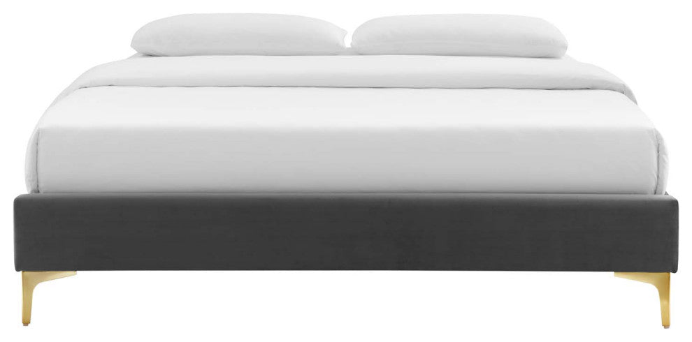 Platform Bed Frame, Twin Size, Velvet, Dark Grey Gray, Modern Contemporary