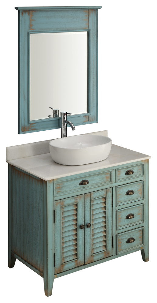 36" Distress Blue Abbeville Vessel Sink Vanity With Matching Mirror