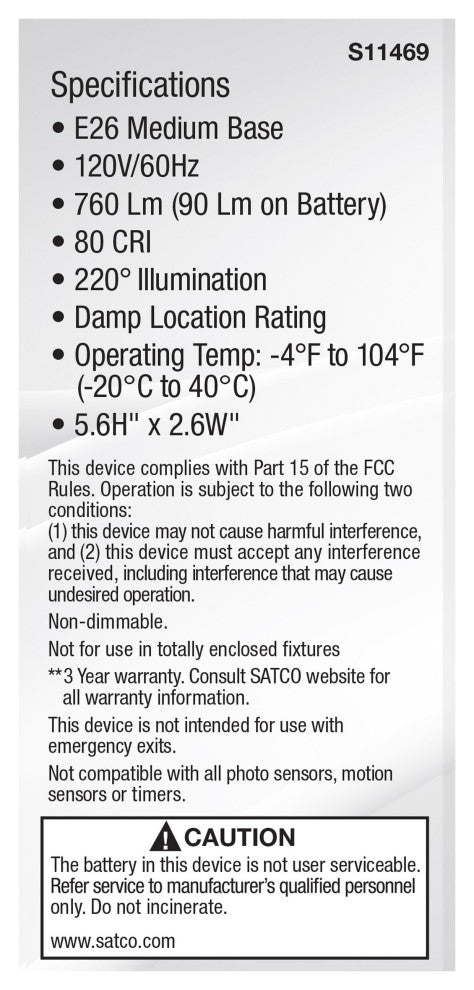 8W A21 LED, 5000K, Medium Base, 120V, 80 CRI, Battery Backup