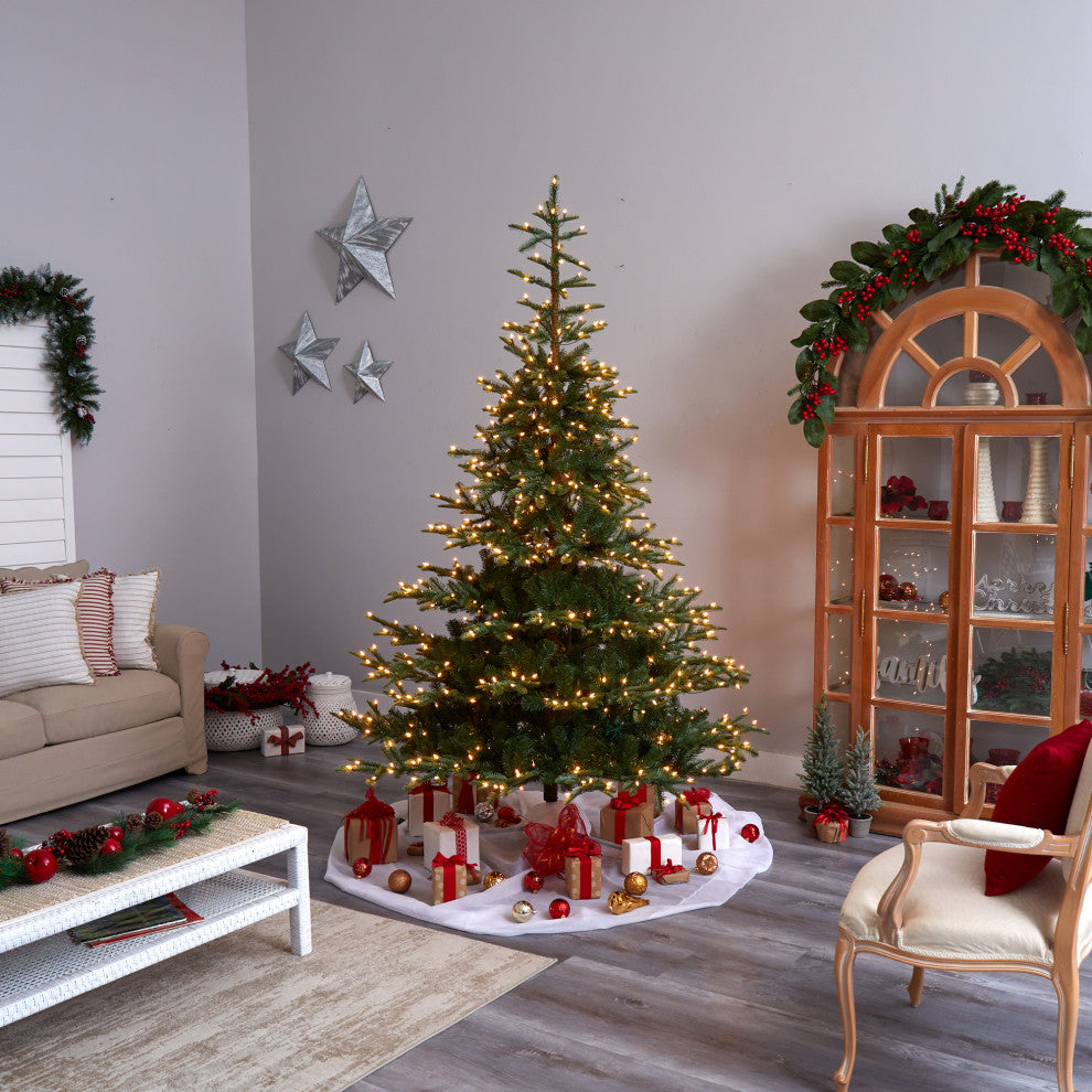 8' Layered Washington Spruce Faux Xmas Tree W/Clear Lights & Bendable Branches