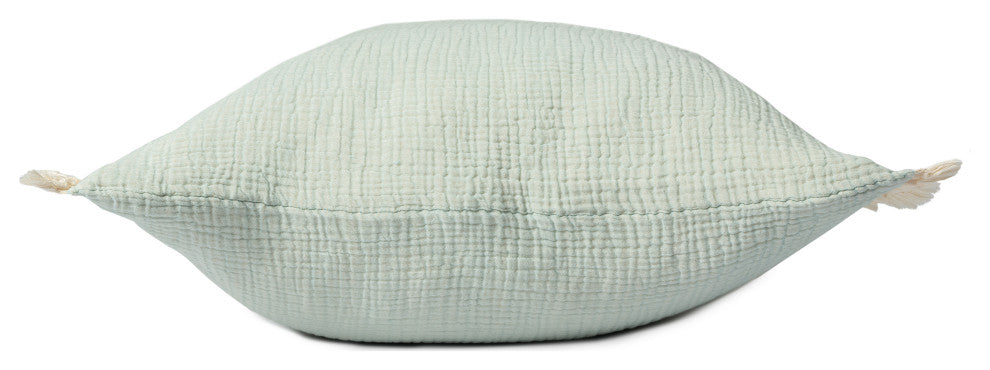 Cream/ Beige Solid Fringed Organic Turkish Cotton Throw Pillow, Green