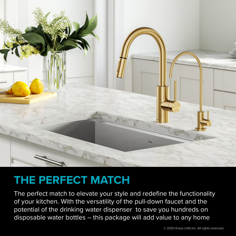 Oletto Pull-Down 1-Hole Kitchen Faucet, Brushed Brass, Water Dispenser Ff-100