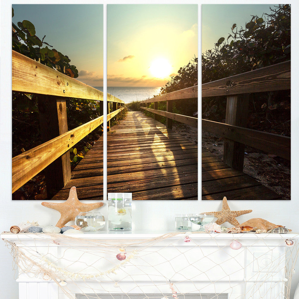"Wood Boardwalk into the Sunset Sea" Metal Wall Art, 3 Panels, 36"x28"