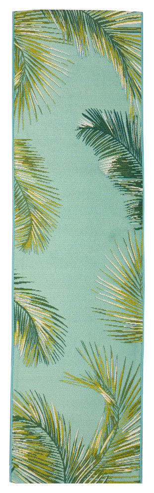 Marina Palm Border Indoor/Outdoor Rug, Aqua, 1'11"x7'6" Runner