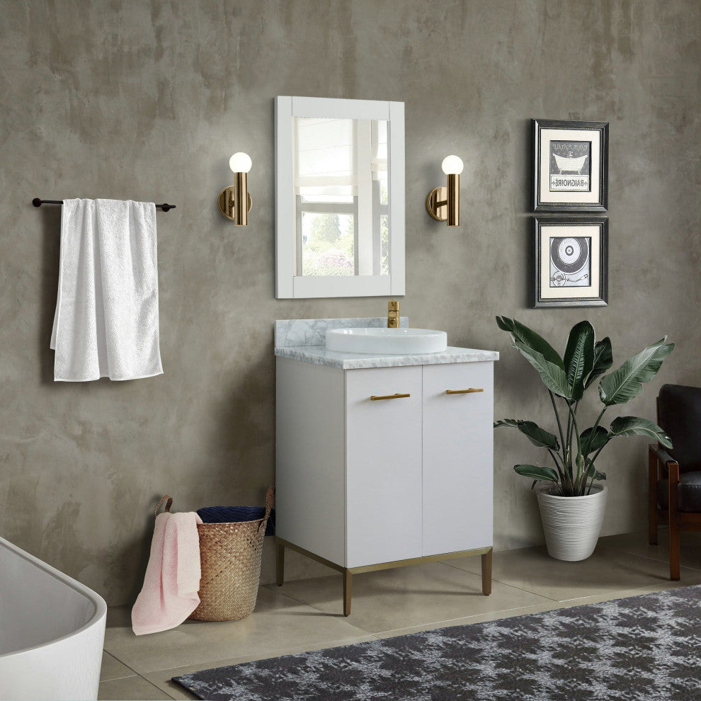 25" Single Sink Vanity, White Finish With White Carrara Marble And Round Sink