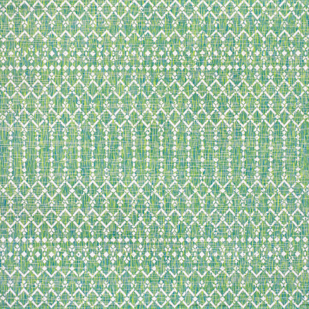 Ourika Moroccan Geometric Indoor/Outdoor Rug, Ivory/Green, 5' Square