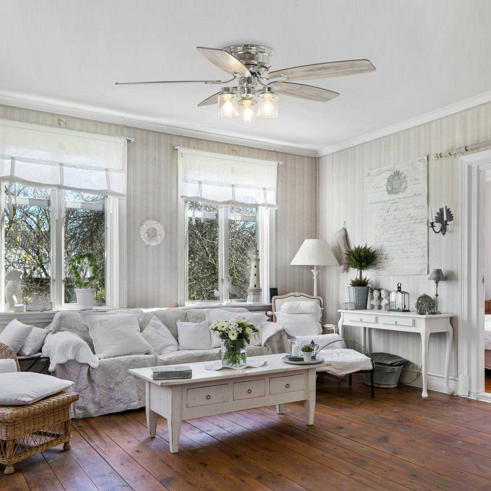 52 in Modern Flush Mounted Ceiling Fan in Chrome with Remote Control, 5 Blades