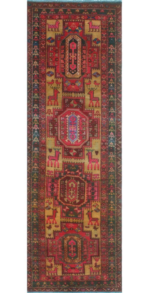 Fine Vintage Distressed Nuvia Gold/Red Runner, 3'4x10'2