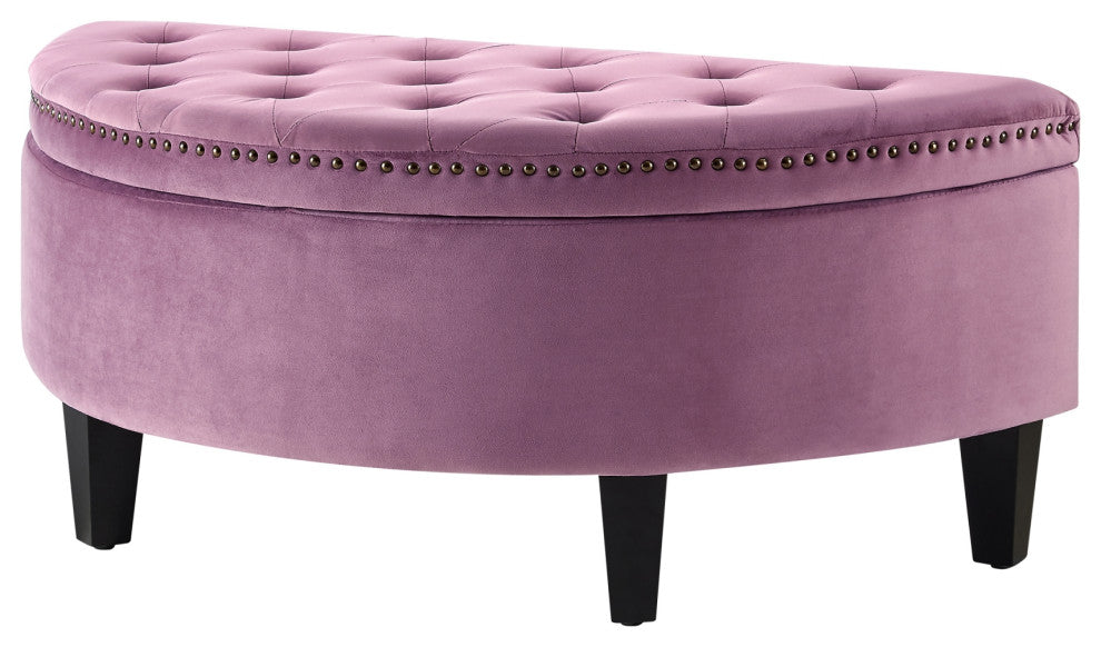 Laura Velvet Gold Nailhead Trim Half Moon Storage Ottoman, Mauve