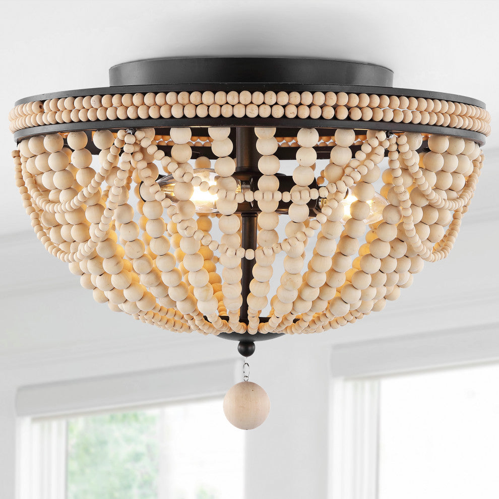 Dune Wood Bead 3-Light Farmhouse LED Semi Flush Mount, Oil Rubbed Bronze/Taupe