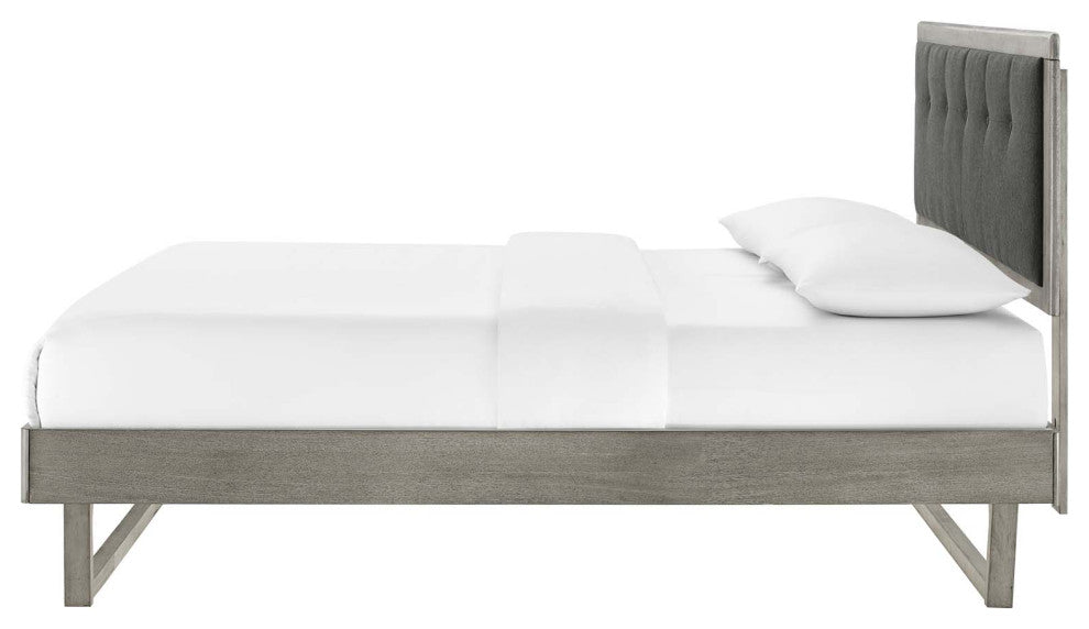 Platform Bed Frame, Queen Size, Fabric, Wood, Gray, Modern Mid-Century