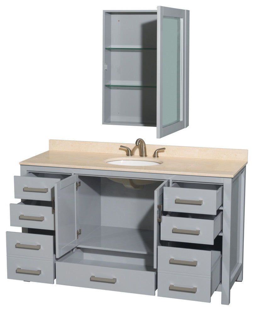 Wyndham WCS141460SGYIVUNOMED 60 inch Vanity in Gray with Ivory Marble and Round