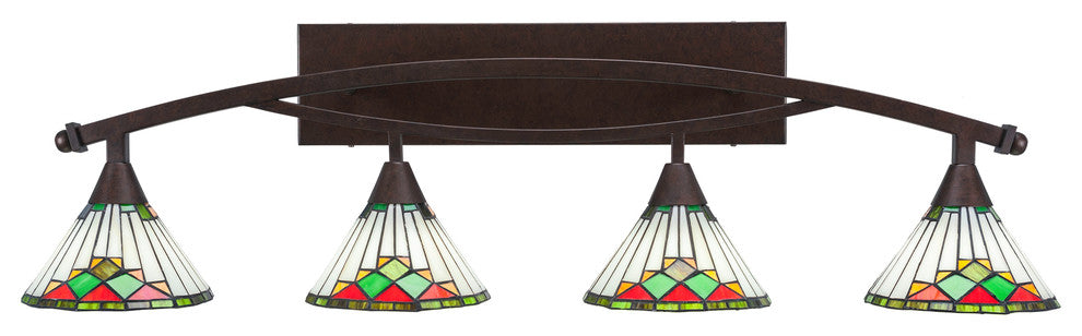 Bow 4-Light Bath Bar, with 7" Green Sunray Art Glass, Bronze