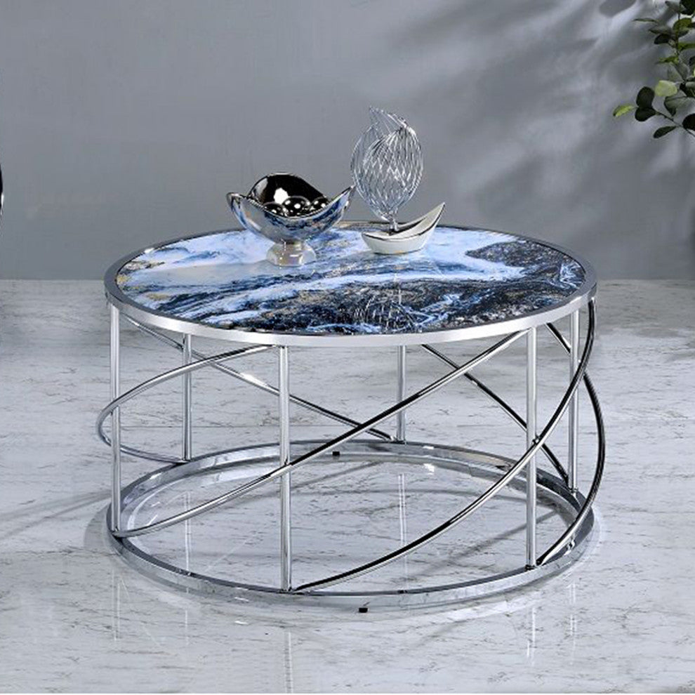 Round Coffee Table with Marble Top in Blue and Chrome