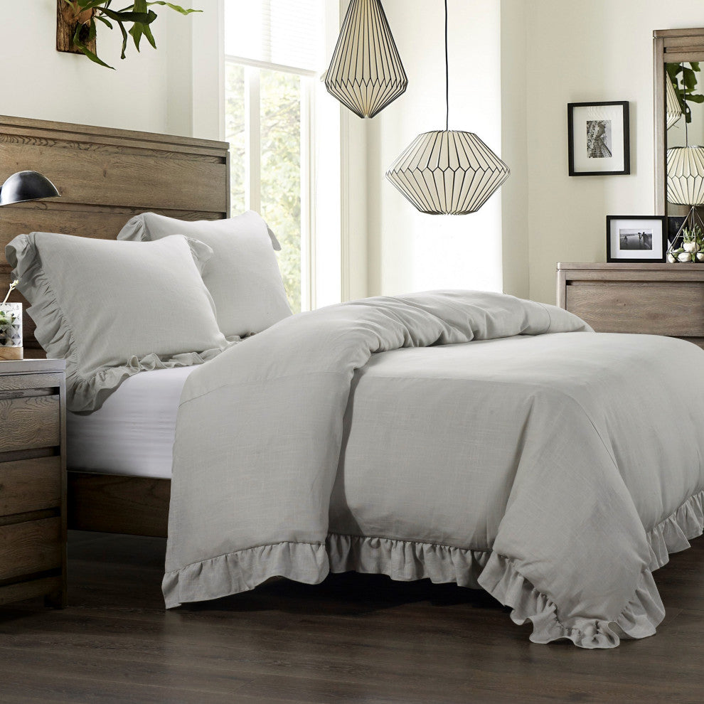 Lily Washed Linen Comforter Set, 3 Piece, Gray, Queen