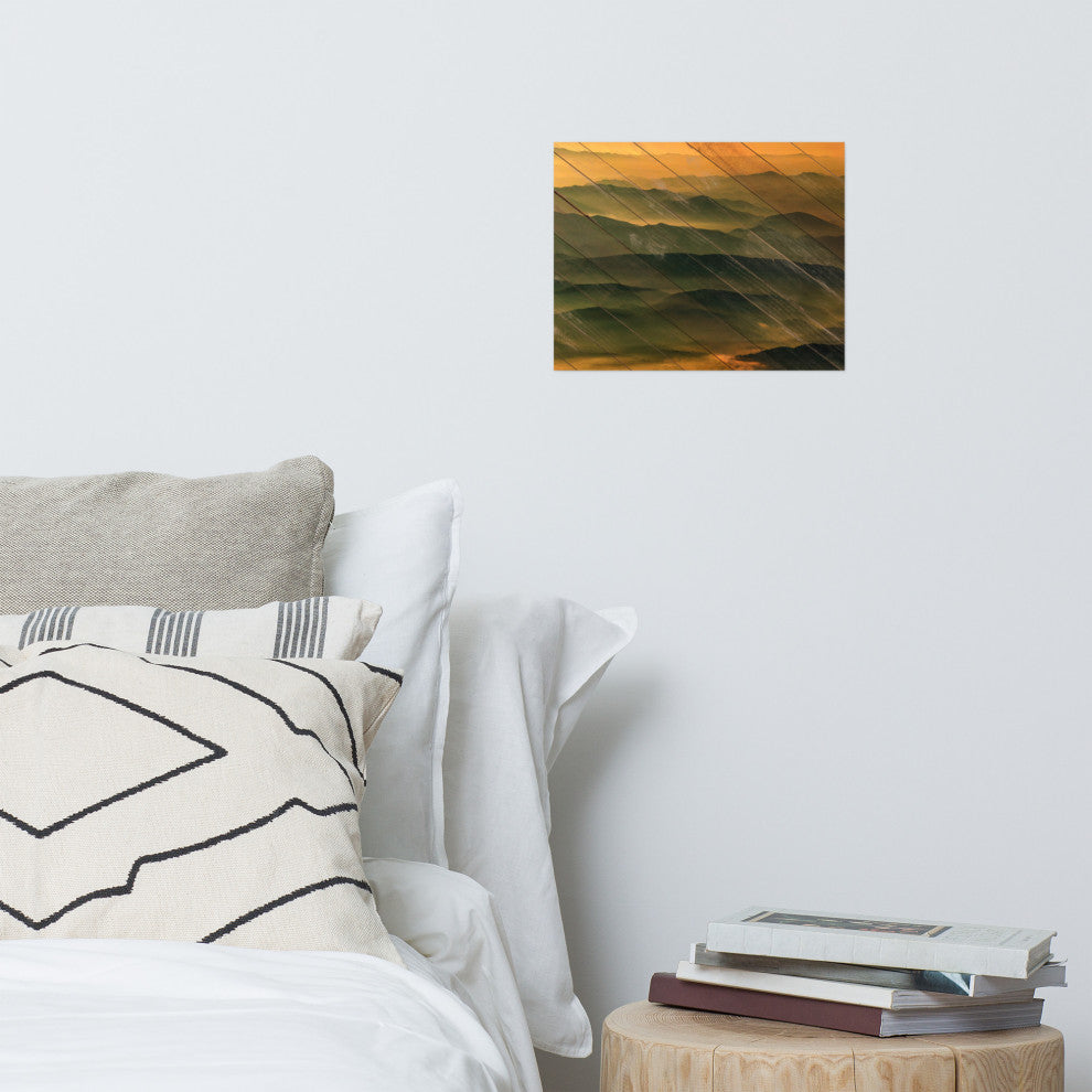 Faux Wood Foggy Mountain Layers at Sunset Landscape Unframed Wall Art Prints, 11" X 14"