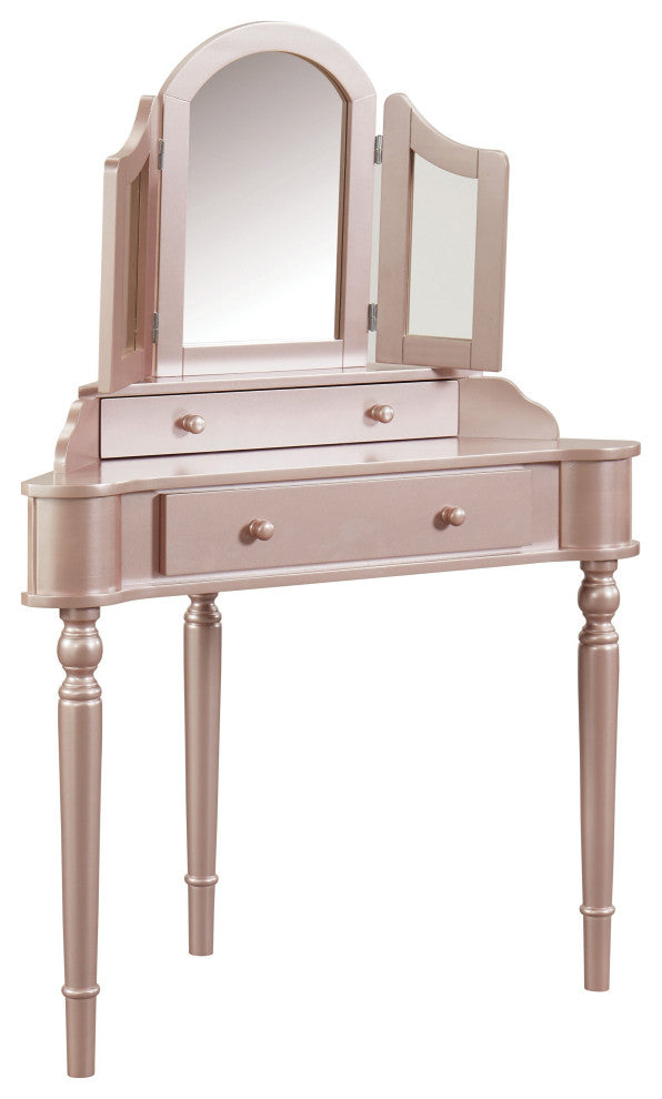 Benzara BM207322 Wooden Vanity Set with Padded Stool, Rose Gold