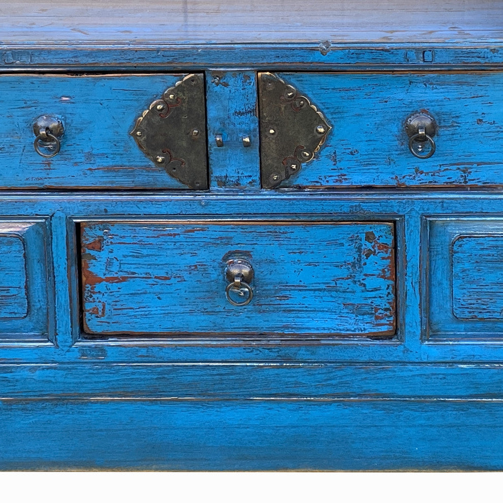 Vintage Chinese Distressed Bright Blue Drawers Foyer Narrow Side Table Hcs7743