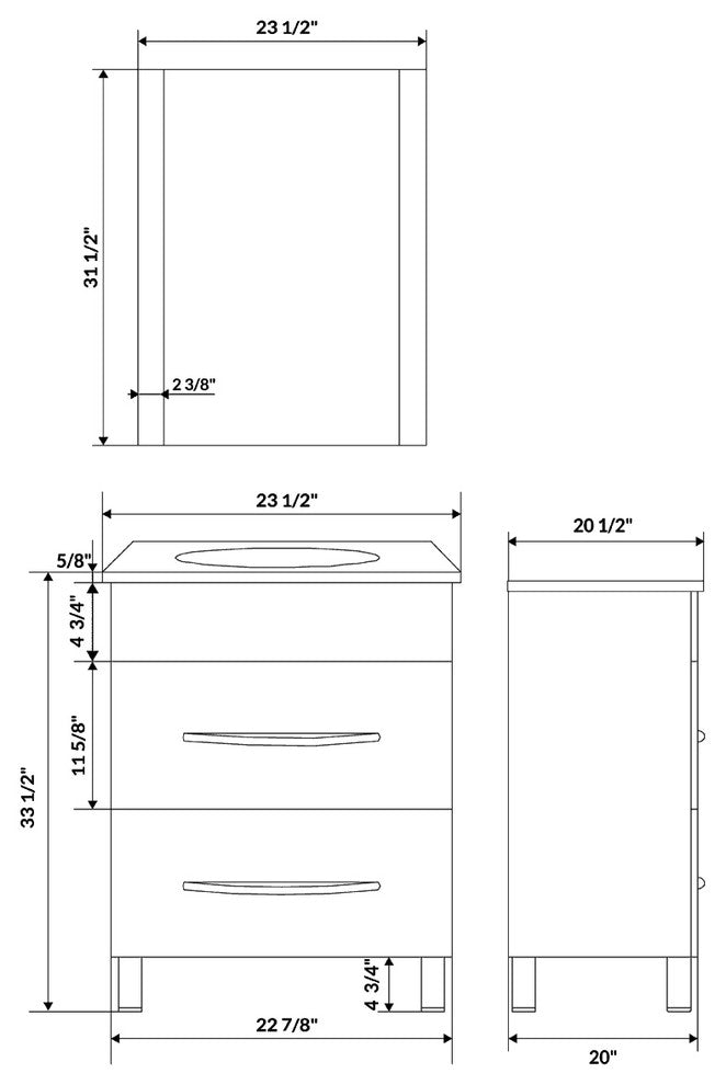 Style 4, 24"W Black Vanity Sink Base Cabinet, Mirror, LV4-24B