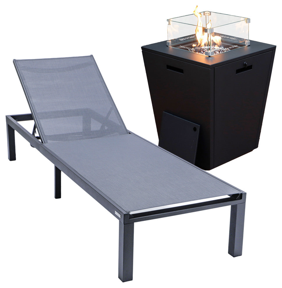 LeisureMod Marlin Black Patio Chaise Lounge Chair with Fire Pit Table, Dark Gray
