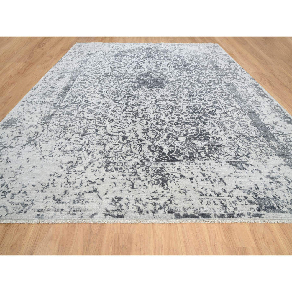 Gray Wool and Silk Hand Knotted Erased Persian Design Oversized Rug 12'1"x15'1"