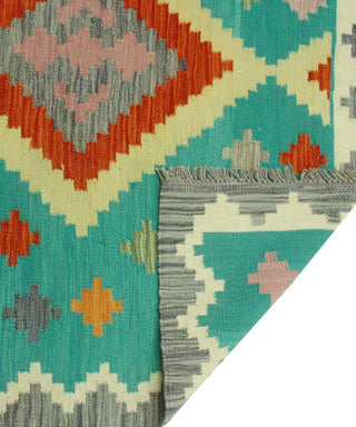 Sangat Flatweave Bachir Turquoise/Red Rug, 4'3 x 5'10