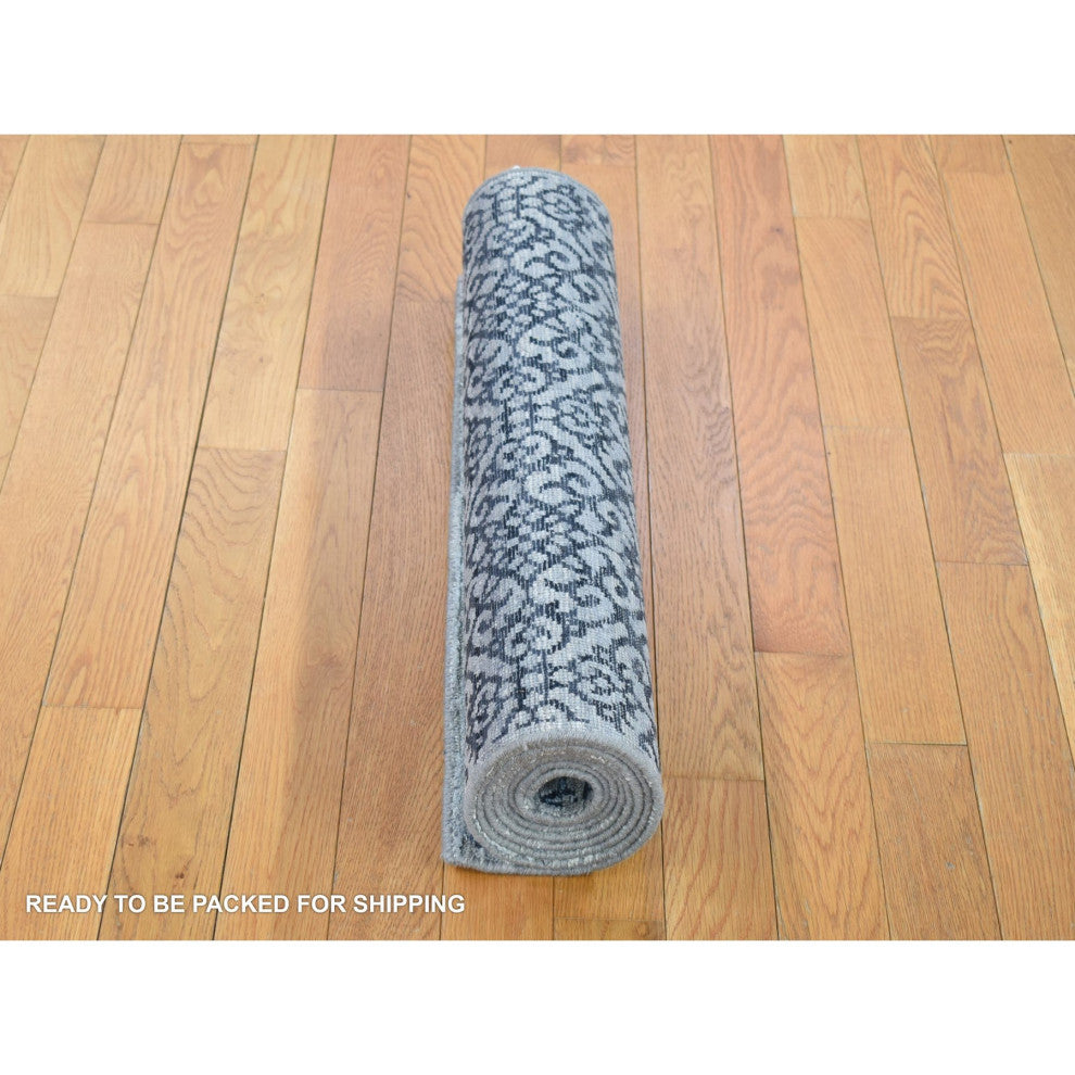 Blue, Modern Damask Design Hand Knotted, Wool and Silk Runner Rug, 2'8"x8'2"