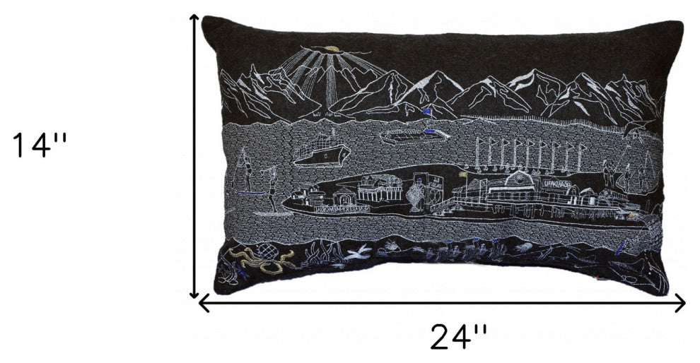 25" Black Homer Spit Nighttime Skyline Lumbar Decorative Pillow