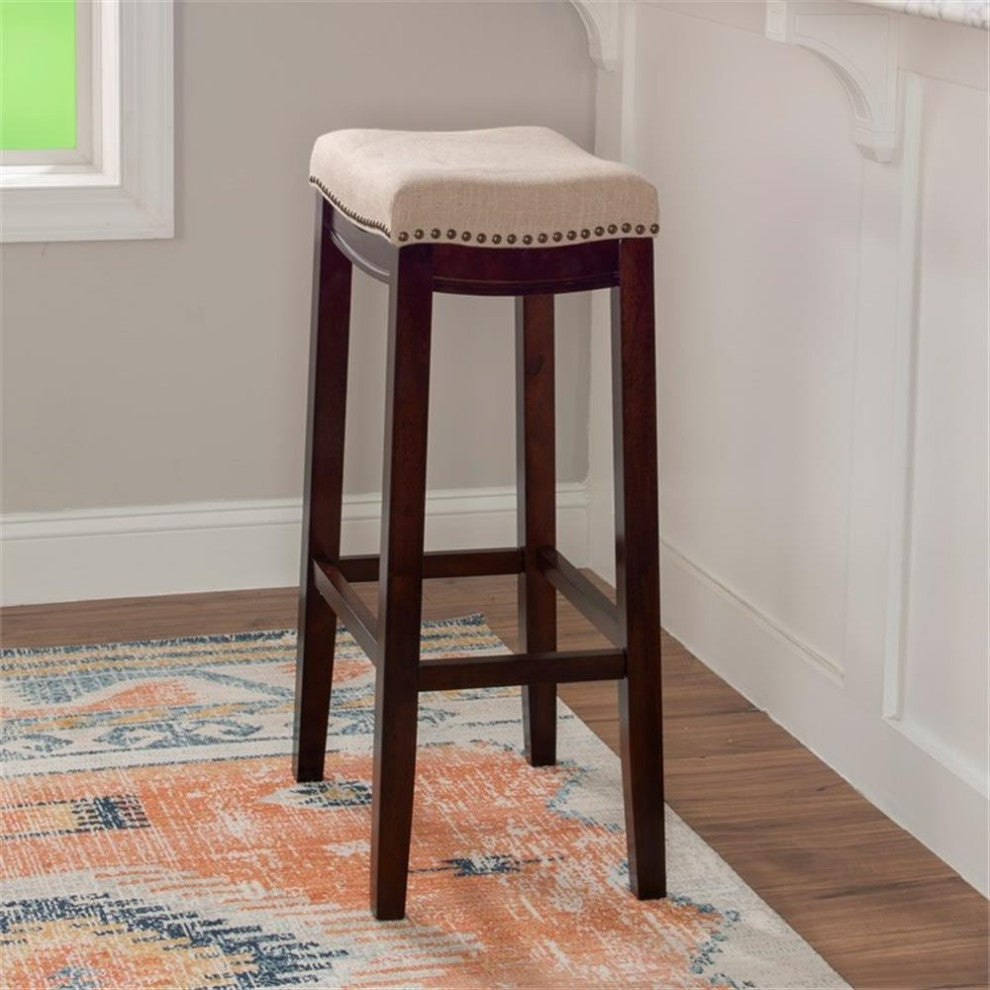 Linon Hampton Bar Stool Beige Padded Seat Wood Frame in Dark Walnut Brown
