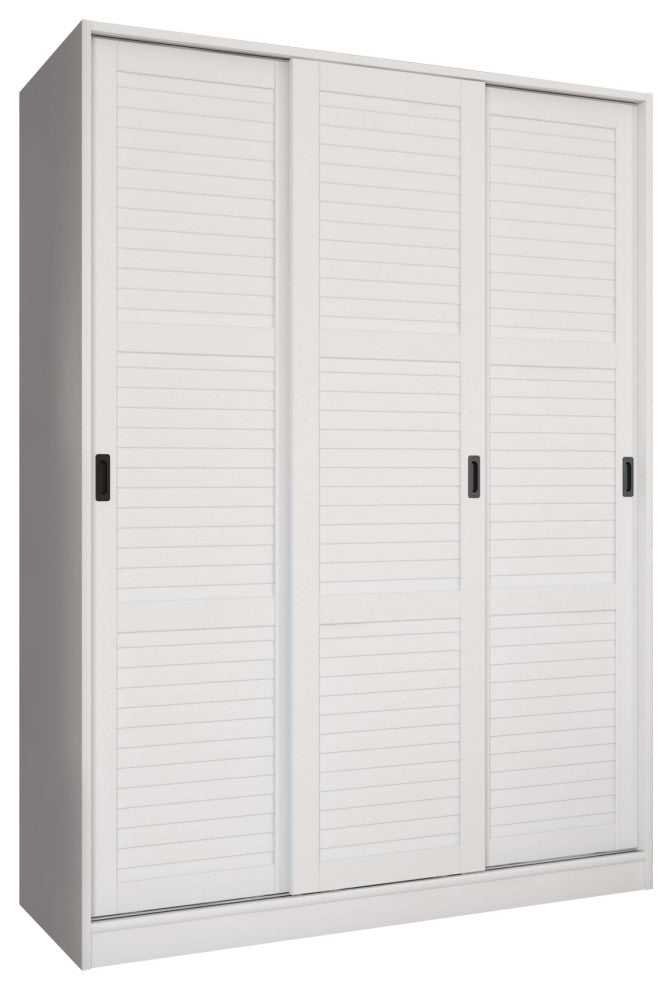 100% Solid Wood 3-Sliding Door Wardrobe/Armoire/Closet, White-Louvered