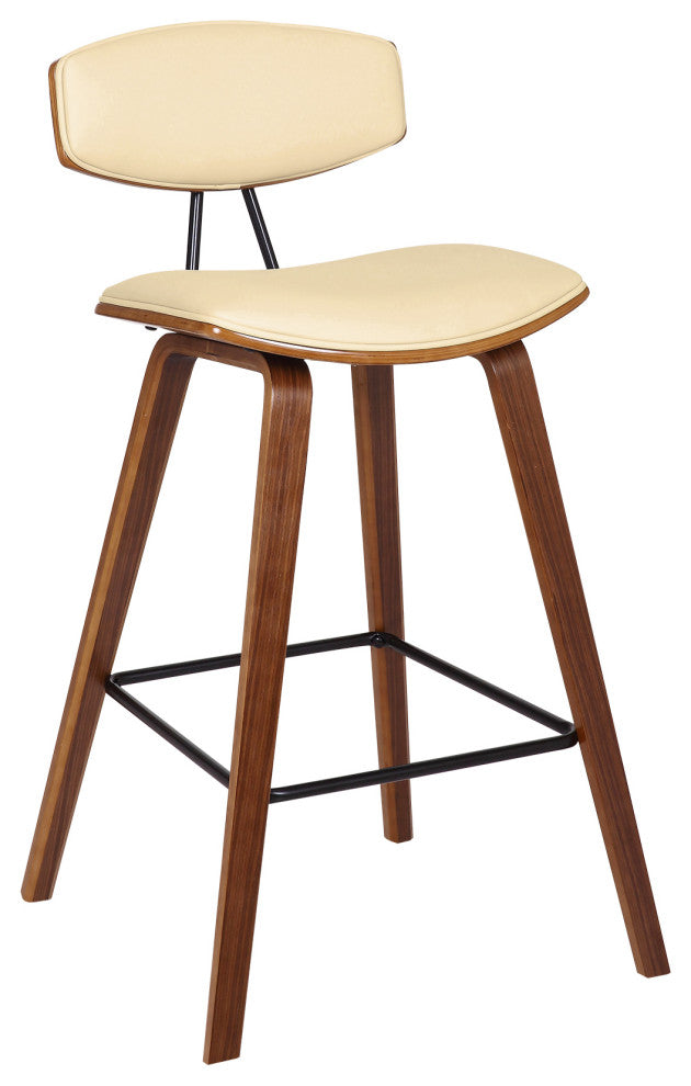 Fox 26" Mid-Century Counter Barstool, Cream Faux Leather With Walnut Wood