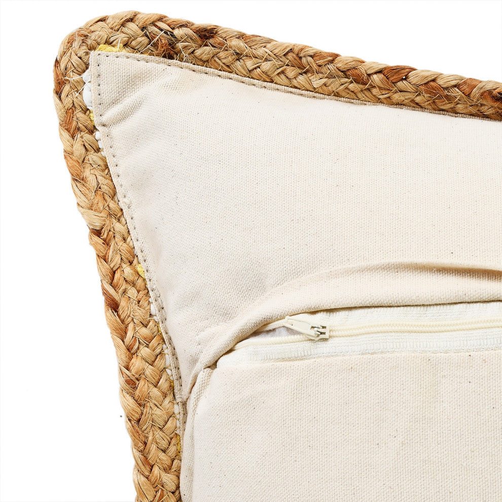 Golden Yellow and White Striped Jute Bordered Throw Pillow