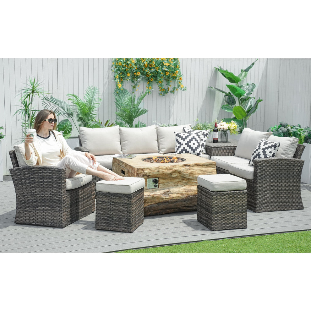 7-piece Patio Wicker Garden Chat Sofa Set with Fire pit and Storage Box, Rectangle