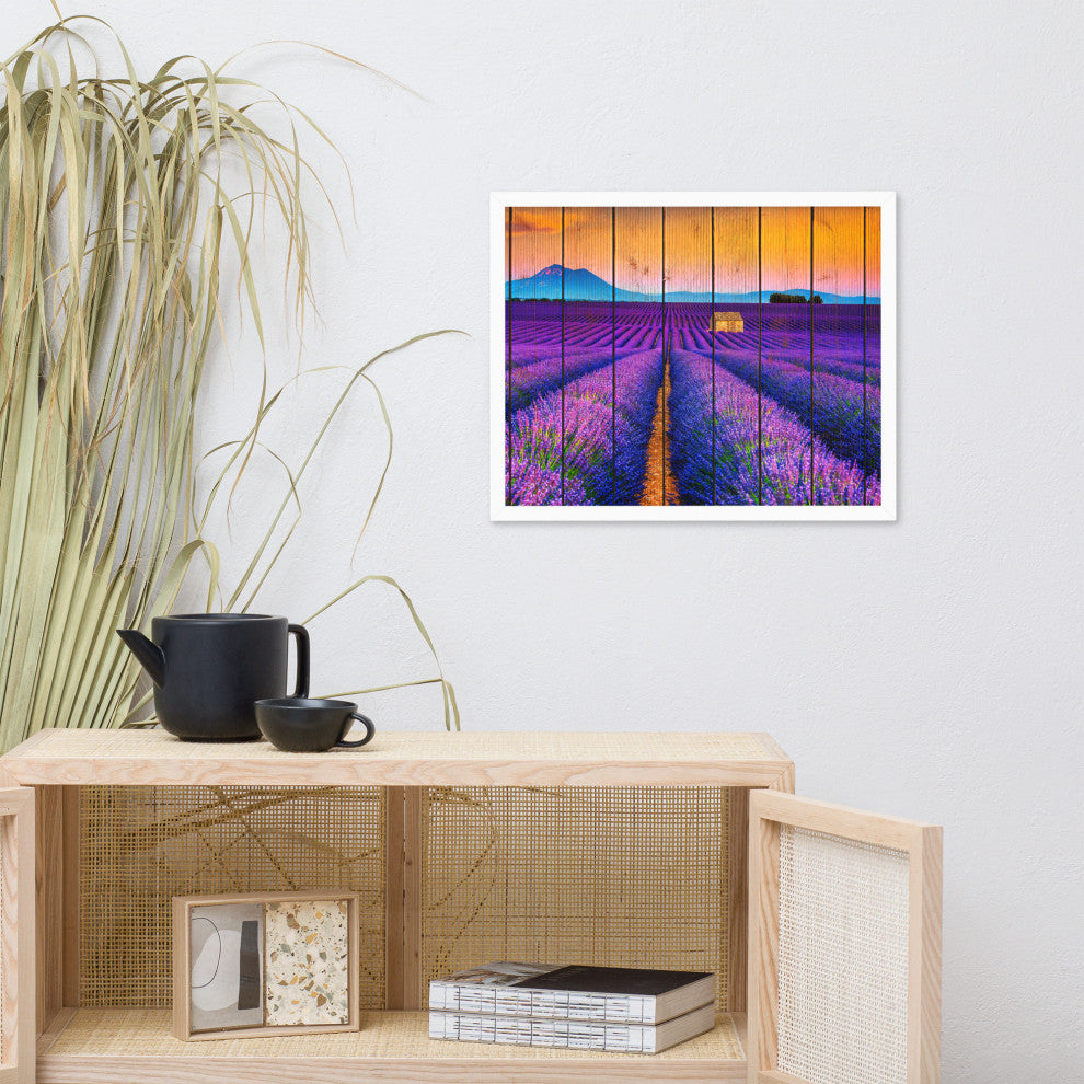 Faux Wood Lavender Fields and Sunset Landscape Framed Photo Paper Wall Art Print, White, 16" X 20"