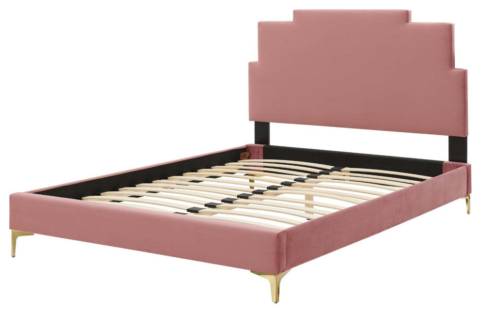Platform Bed Frame, King Size, Velvet, Pink, Modern Contemporary, Bedroom Master